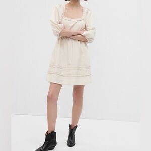 GAP Puff Sleeve Ruffle Neck Cream Mini Dress